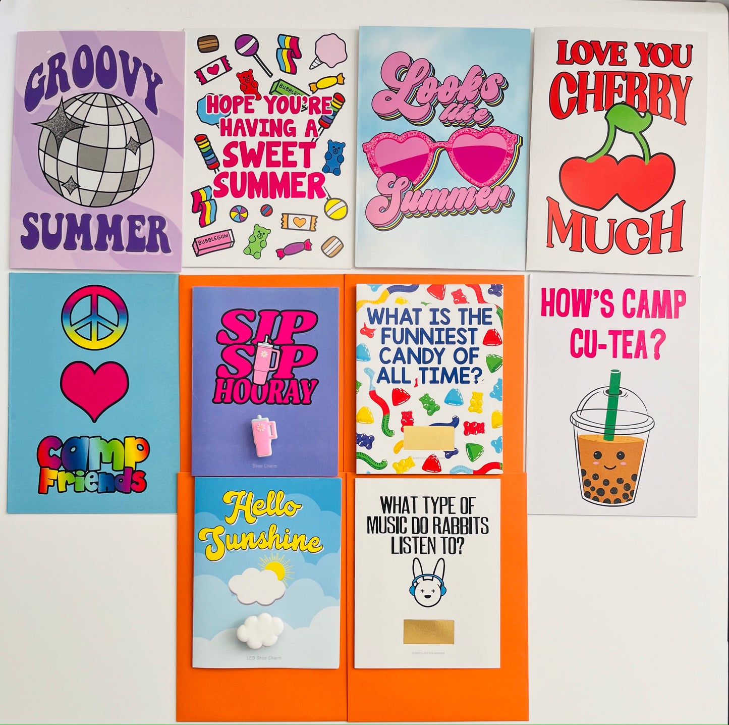 Charm Collection: Super Sweet Camper Pack of 10 Pack Greeting Cards Includes 2 shoe charm & 2 scratch off joke cards