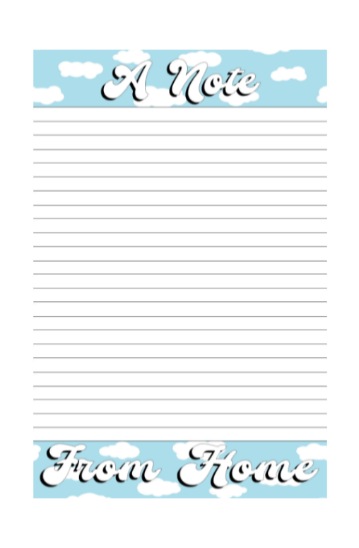 Notebook with sky and cloud design at the top and bottom, labeled 'A Note From Home'.
