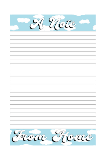 Notebook with sky and cloud design at the top and bottom, labeled 'A Note From Home'.