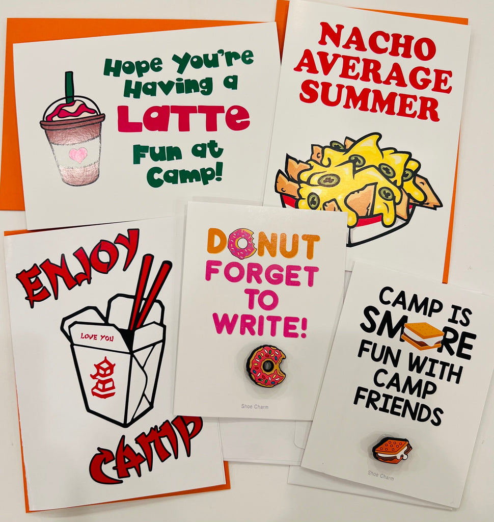 Charm Collection: Yummy Camp Pack of 5 greeting cards with 2 shoe charms